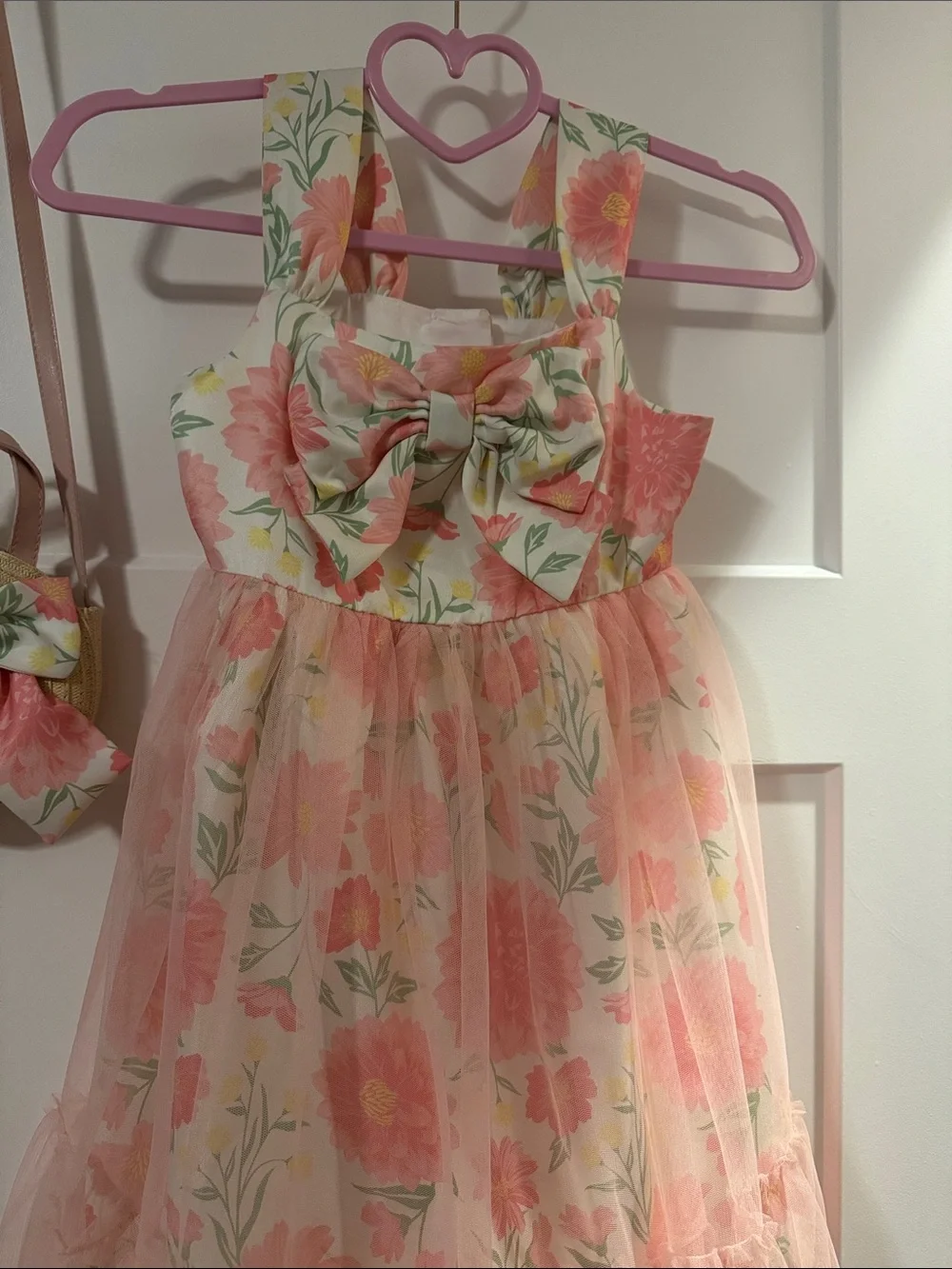 Kids Floral Pink Bow Dress with Matching Straw Purse